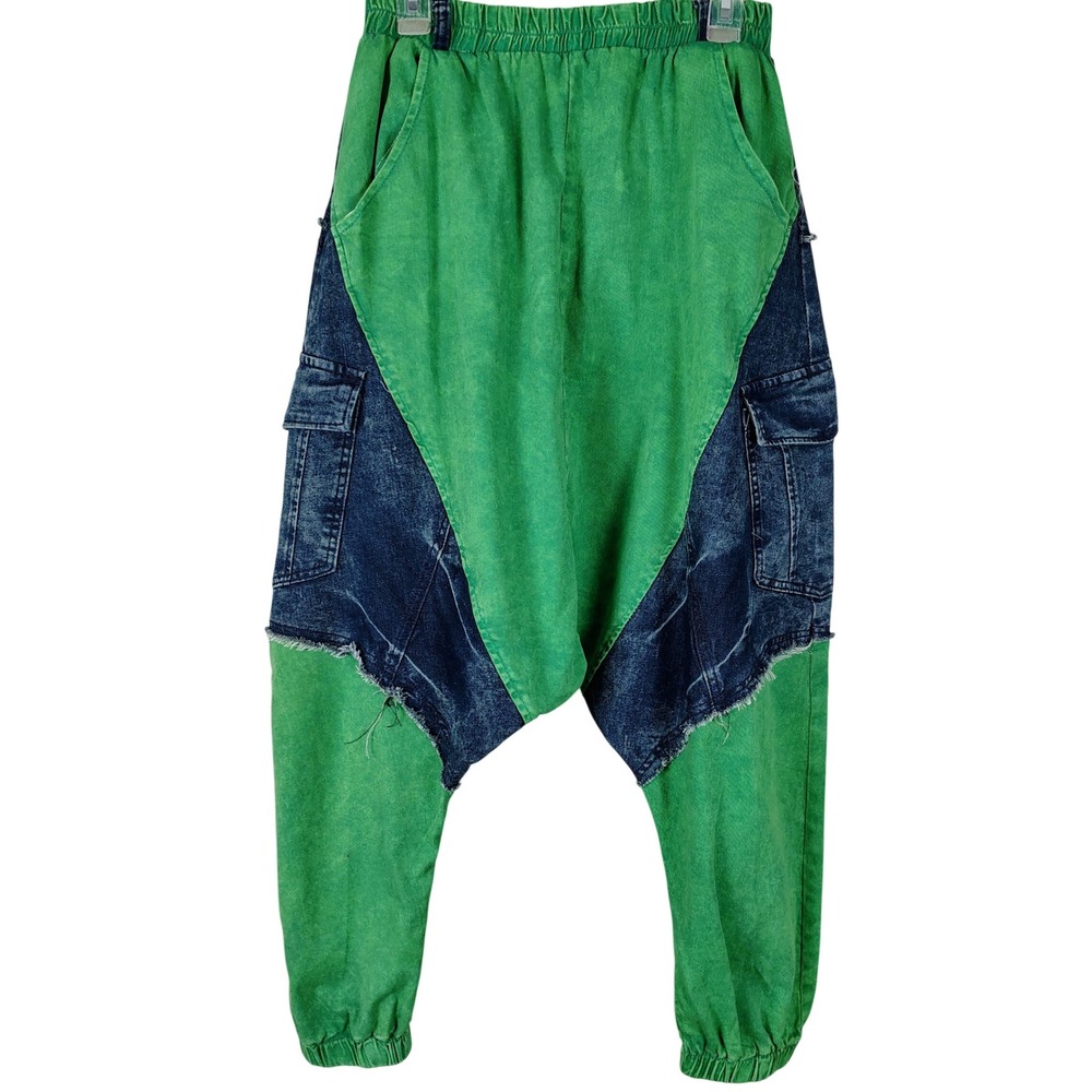 Fancy Dream Green Blue Denim Patchwork Harem Pants Cargo Drop Crotch Joggers M